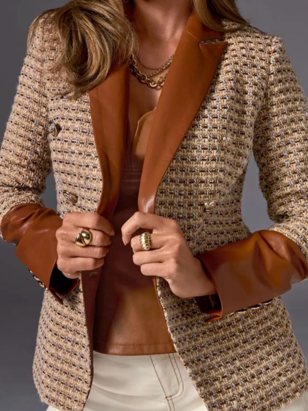 Boston Proper new with tags. Sz 10 tweed double breasted leather trim blazer